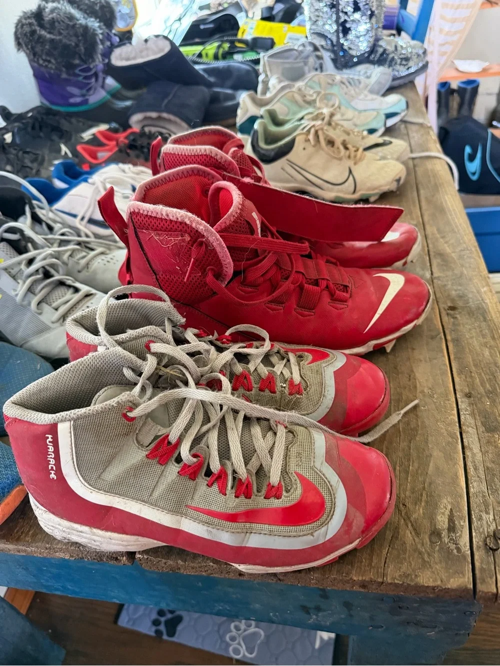 Gray and Red Nike Baseball Cleats